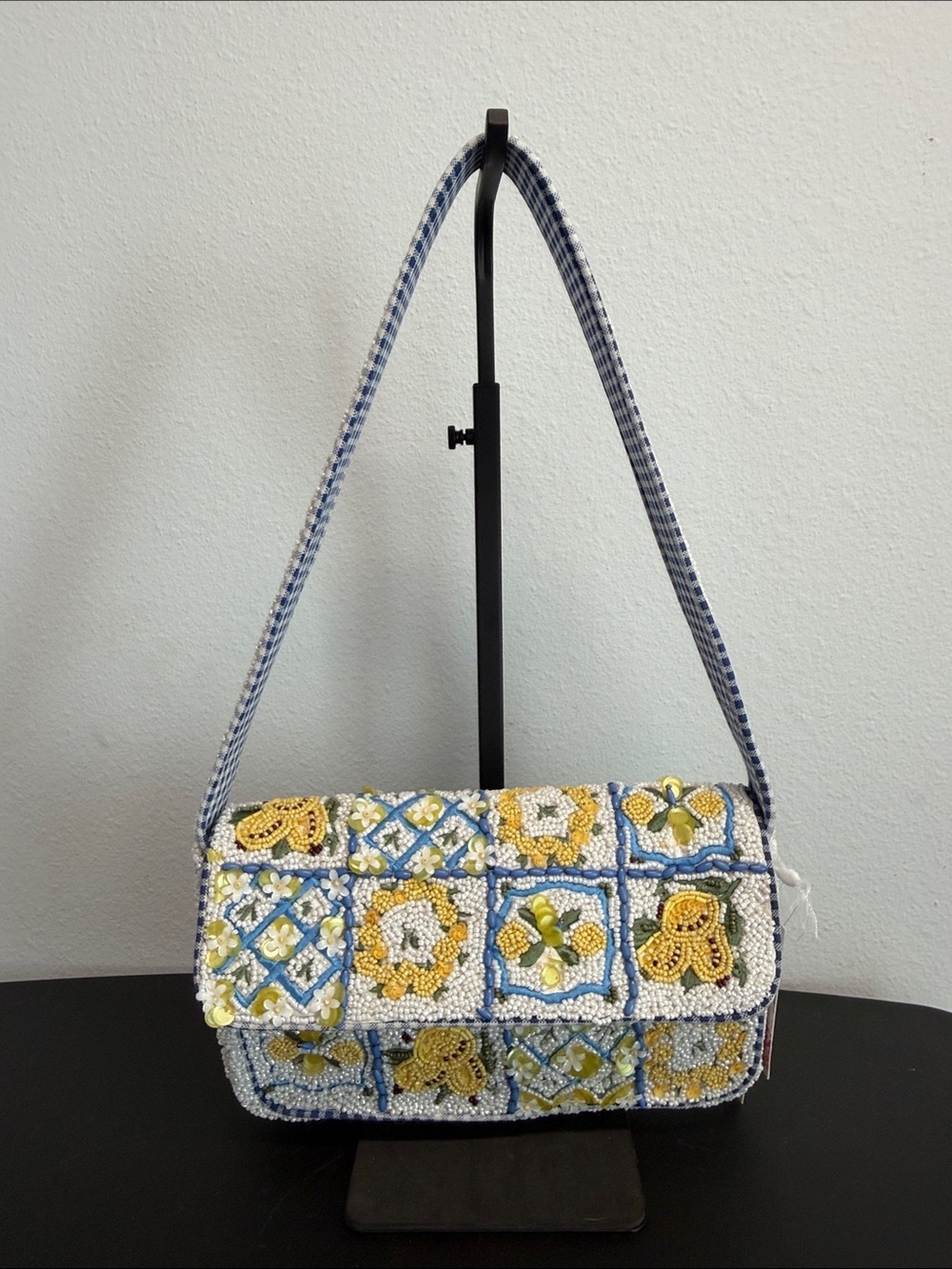 Handcrafted In India | Mediterranean Countryside Gingham Lemon Tile Beaded Bag 🍋